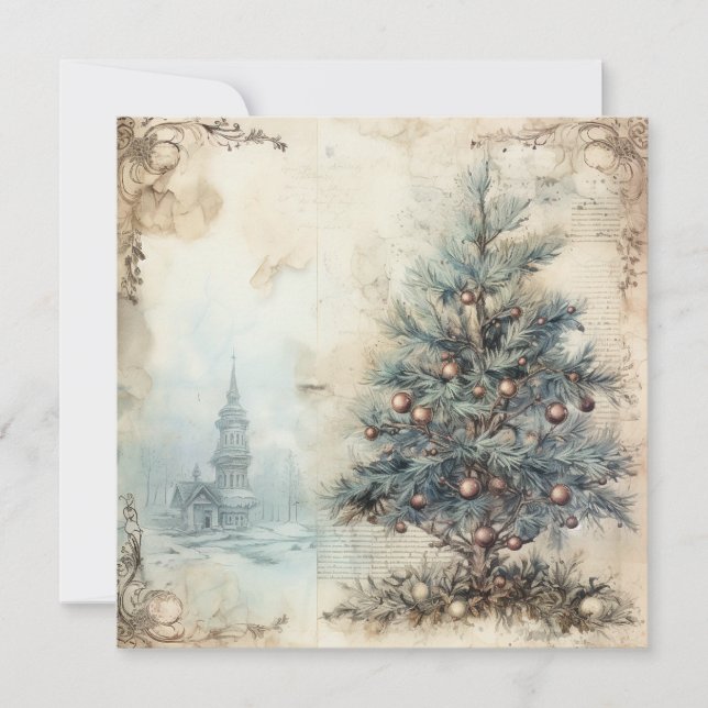 Vintage Blue Christmas Tree Card (Front)