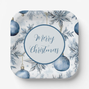Vintage Blue Christmas Tree Ornaments Pattern Paper Plate