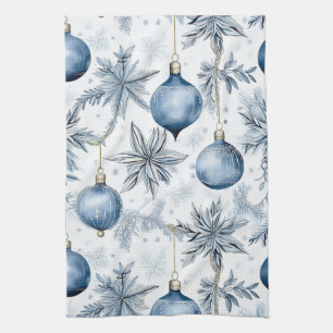 Vintage Blue Christmas Tree Ornaments Pattern Tea Towel