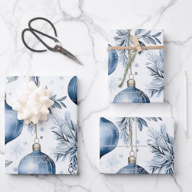 Vintage Blue Christmas Tree Ornaments Pattern Wrapping Paper Sheet (Front)