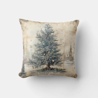 Vintage Blue Christmas Tree Throw Pillow