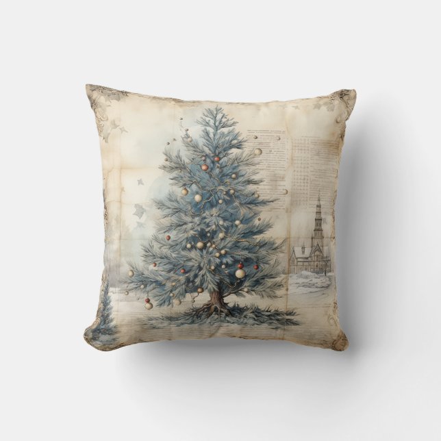 Vintage Blue Christmas Tree Throw Pillow (Front)