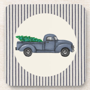 Vintage Blue Christmas Tree Truck Cork Coasters