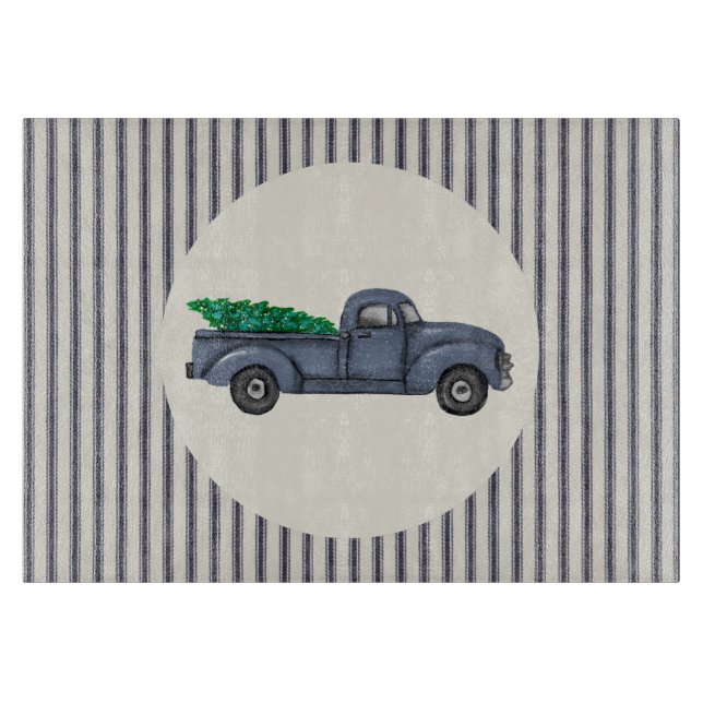 Vintage Blue Christmas Tree Truck Cutting Board (Front)