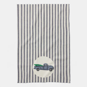 Vintage Blue Christmas Tree Truck Kitchen Towel