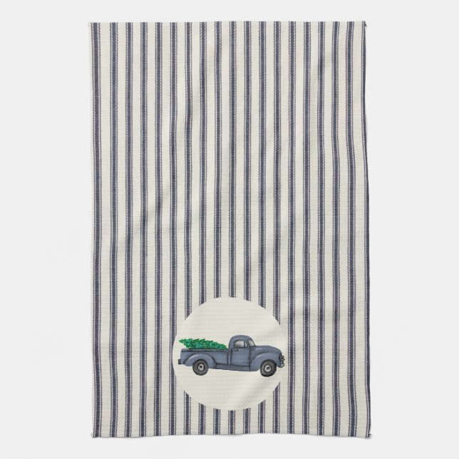 Vintage Blue Christmas Tree Truck Kitchen Towel (Vertical)