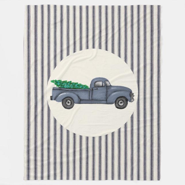 Vintage Blue Christmas Tree Truck Large Blanket (Front)