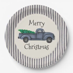 Vintage Blue Christmas Tree Truck Paper Plate