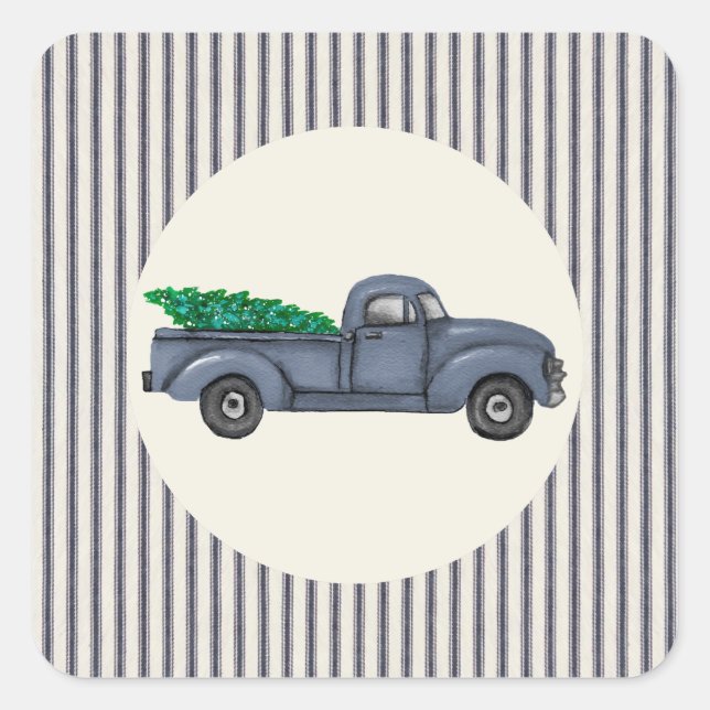 Vintage Blue Christmas Tree Truck Sticker (Front)