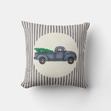 Vintage Blue Christmas Tree Truck Throw Pillow