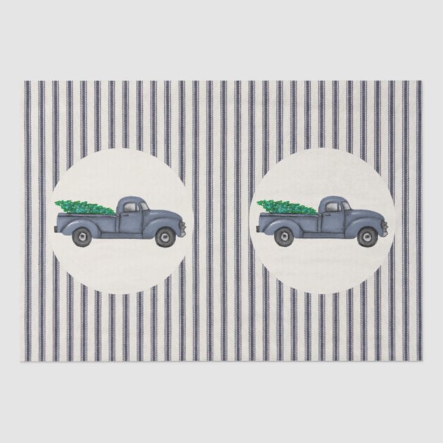 Vintage Blue Christmas Tree Truck Tissue Paper (Front)