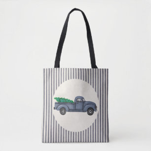 Vintage Blue Christmas Tree Truck Tote Bag