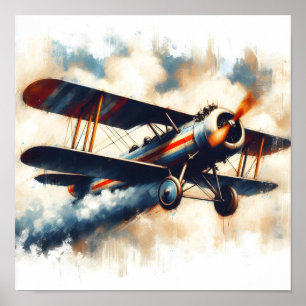 Vintage Blue Classic Biplane Oil Painting Poster