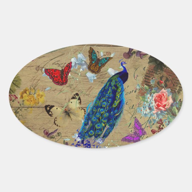 Vintage Blue Colourful Peacock Cute Butterfly Oval Sticker (Front)