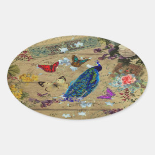 Vintage Blue Colourful Peacock Cute Butterfly Oval Sticker