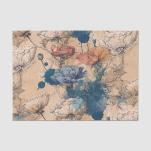 Vintage Blue & Coral Floral Tissue Paper