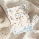 Vintage Blue Cowboy First Rodeo 1st Birthday Invitation<br><div class="desc">Vintage Blue Cowboy First Rodeo 1st Birthday Invitation Sweet brown and blue boy's first rodeo birthday invitation featuring a blue desert landscape, cowboy boots and hat, skull, moon and sun. This western saddle up and ride over first birthday invitation for a boy is ideal for a southwest country or wild...</div>