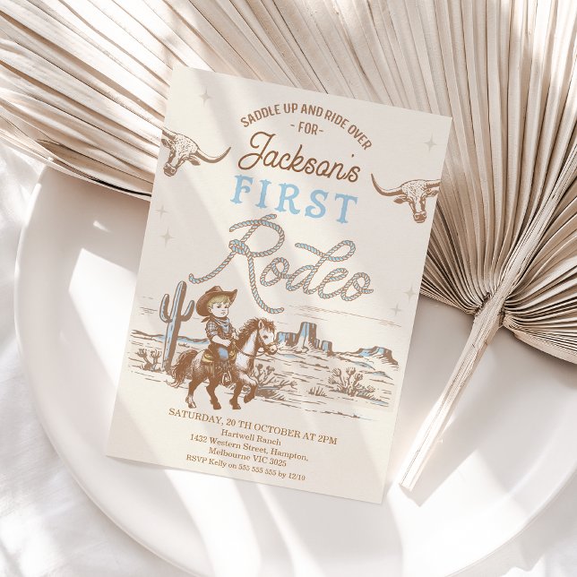 Vintage Blue Cowboy First Rodeo 1st Birthday  Invitation (First Rodeo Invitation, Printable FIRST RODEO Invitation Template, My First Rodeo Birthday Invite
)
