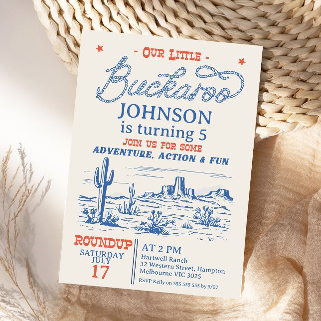 Vintage Blue Cowboy Little Buckaroo Birthday Invitation (Little Buckaroo Birthday Invitation, Cowboy Little Buckaroo Birthday Invite, Any Age, Western Desert)