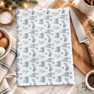 Vintage Blue Cream Christmas Toile Horse Sleigh Tea Towel