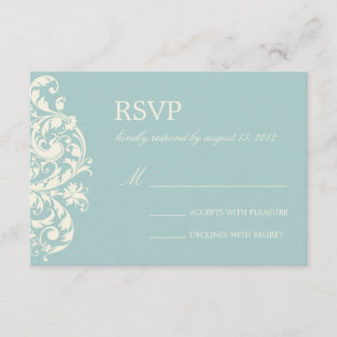 VINTAGE BLUE & CREAM FLOURISH WEDDING RSVP CARD