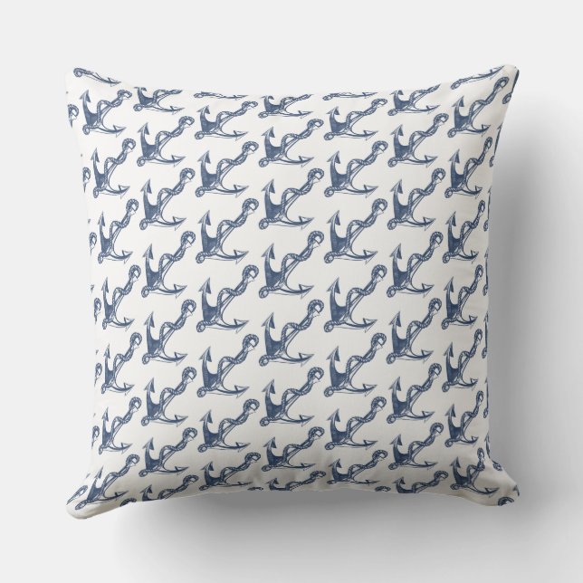 Vintage Blue Cream Nautical Anchor Pattern Cushion (Back)