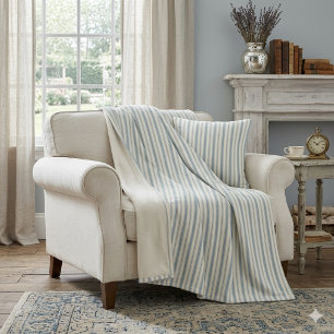 Vintage Blue & Cream Striped French Country Fleece Blanket