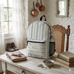 Vintage Blue & Cream Striped French Country Printed Backpack