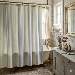 Vintage Blue & Cream Striped French Country  Shower Curtain