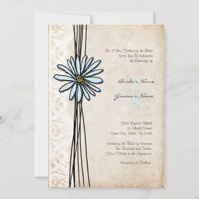Vintage Blue Daisy Wedding Invitation (Front)