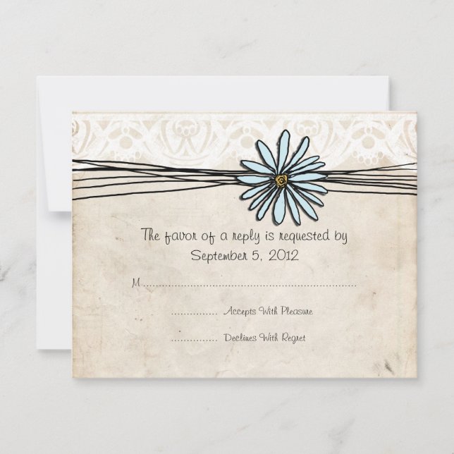 Vintage Blue Daisy Wedding RSVP Card (Front)