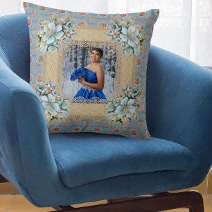 Vintage Blue Damask Quinceañera Memory  Cushion