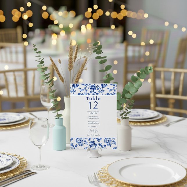Vintage blue delftware floral table seating chart invitation (Blue and white delftware wedding table number name chart sign.)