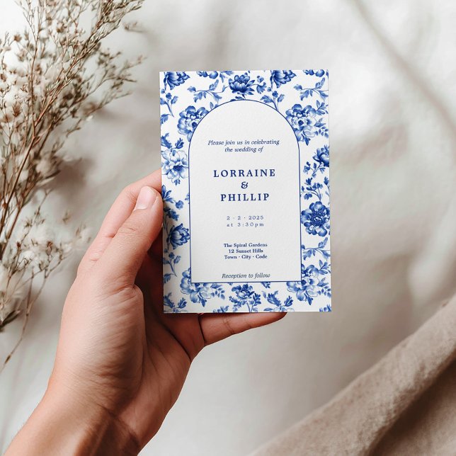 Vintage Blue delftware Floral wedding Invitation (Delftware vintage blue and white arch wedding invitation)