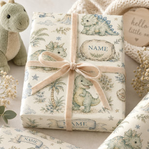 Vintage Blue Dinosaur Nursery Custom Name Wrapping Paper Sheet