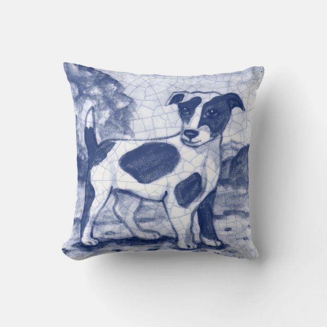 Vintage Blue Dog Terrier Dedham Delft Cottage Cushion (Front)