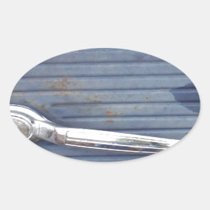 Vintage Blue Door, Silver Handle Oval Sticker