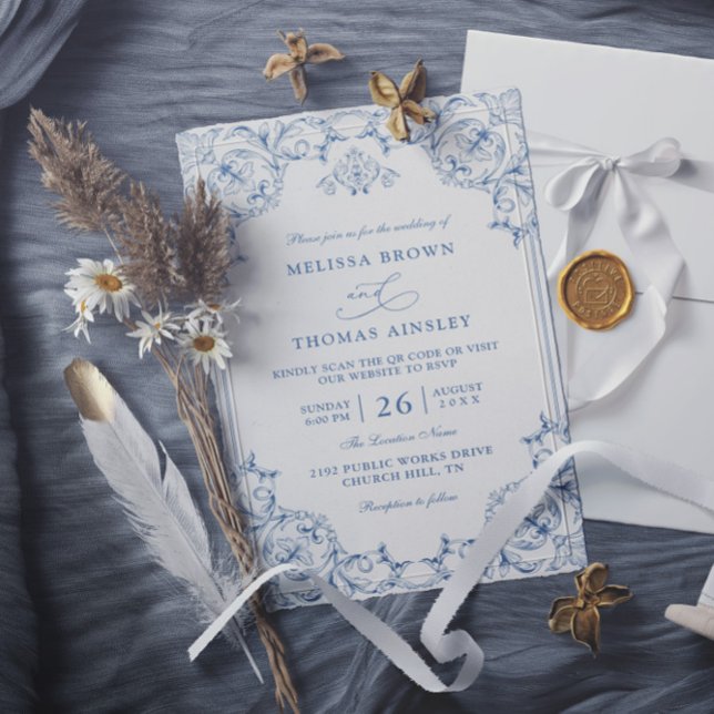 Vintage Blue Elegant Budget QR Code Wedding Invitation (Creator Uploaded)