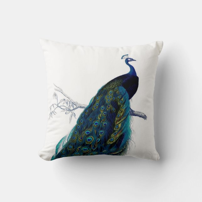 Vintage Blue Elegant Colourful Peacock Cushion (Front)