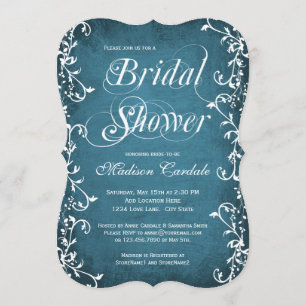 Vintage Blue Elegant Flourish Bridal Shower Invite