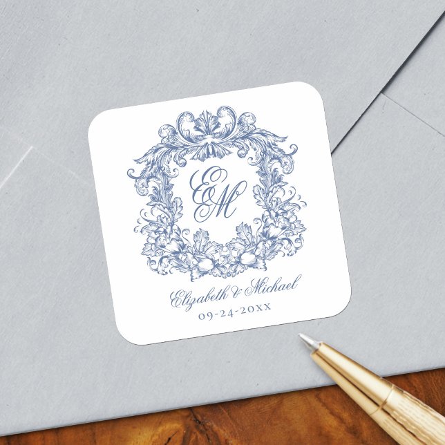 Vintage Blue Elegant Wedding Monogram Crest Square Sticker (Creator Uploaded)