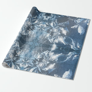 Vintage Blue Embossed Floral Motif Pattern Glitter Wrapping Paper