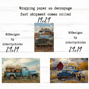 Vintage Blue Farm Trucks Decoupage Wrapping Paper 