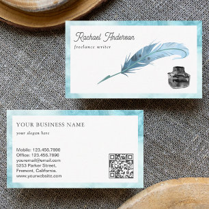 Vintage Blue Feather Quill Pen QR Code Writer Business Card
