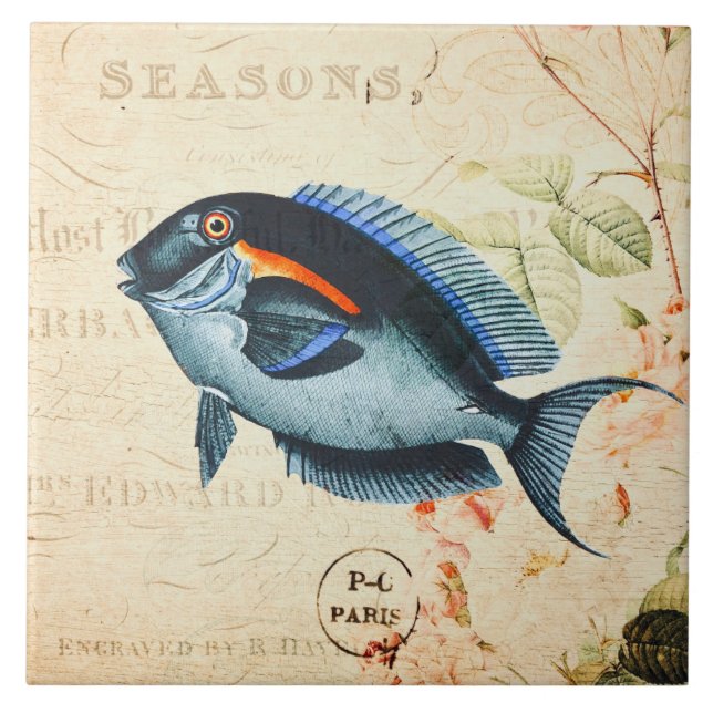 Vintage Blue Fish French Floral Illustration Tile (Front)