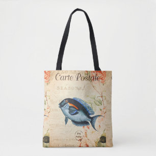 Vintage Blue Fish French Floral Illustration Tote Bag