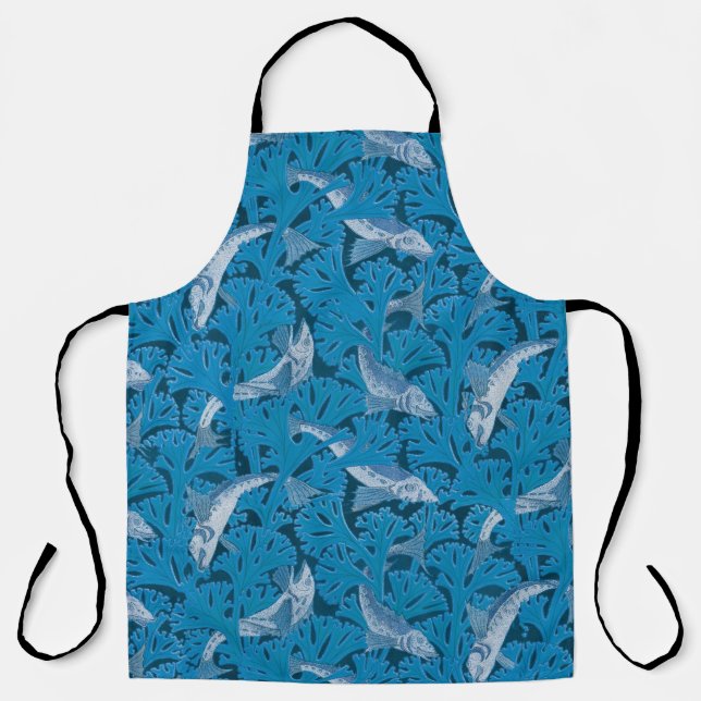 Vintage Blue Fish & Seaweed: Art Nouveau Nautical  Apron (Front)