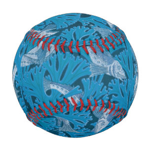 Vintage Blue Fish & Seaweed: Art Nouveau Nautical Baseball