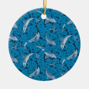 Vintage Blue Fish & Seaweed: Art Nouveau Nautical  Ceramic Tree Decoration