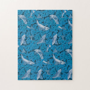 Vintage Blue Fish & Seaweed: Art Nouveau Nautical  Jigsaw Puzzle